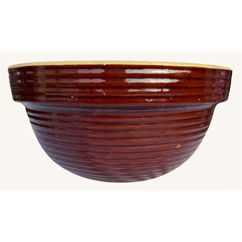 Vintage Western Stoneware 9" Brown Beehive Ribbed Mixing Bowl Maple Leaf Mark